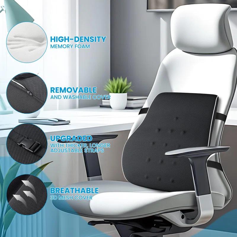 NATIONAL WINDOW Lumbar Support Pillow For Office Chair, Back Support Pillow For Car, Computer, Gaming Chair, Memory Foam Cushion, Relieve Back Pain, Improve Posture, Mesh Cover, Double Adjustable Straps