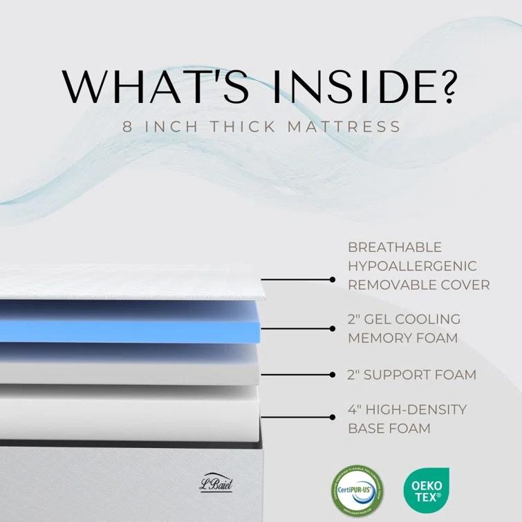 L’Baiet 6” Gel Memory Foam Mattress, Twin Size / Bed in a Box / Medium Firm / Breathable Cooling-Gel Comfort Technology / Pressure Relief / Comfy Support / Soft Fabric Cover / CertiPUR-US Certified