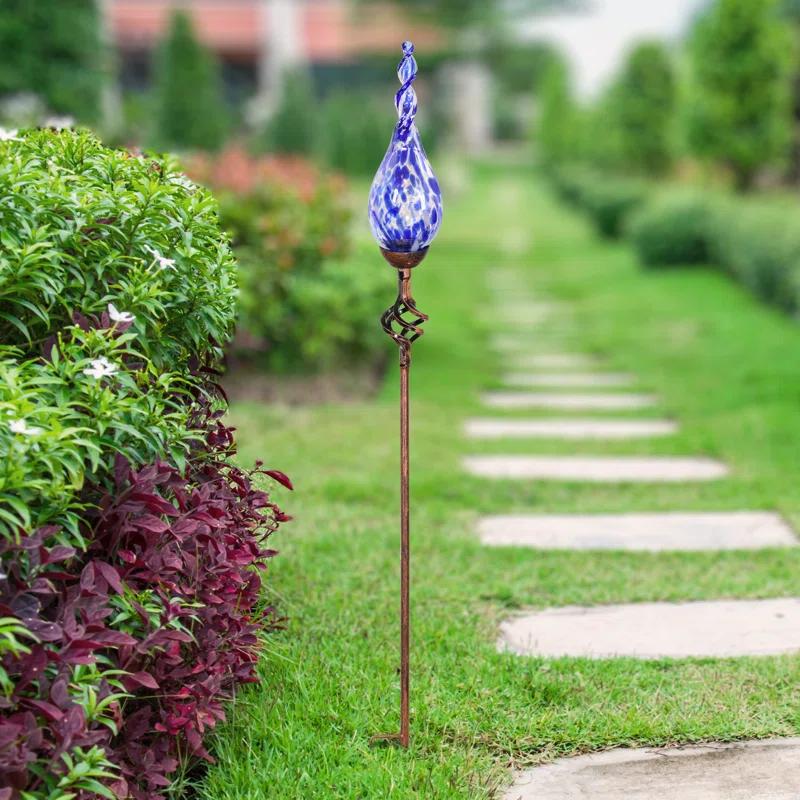Exhart Exhart Solar Pearlized Hand Blown Glass Twisted Flame Garden Stake with Metal Finial Detail, 36 Inch