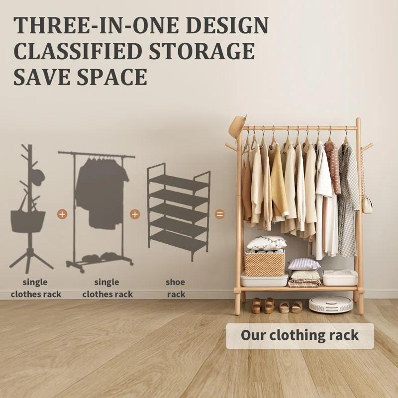 Rebrilliant Solid Wood Clothes Rack, Clothing Rack With Shelf And Hook, Sturdy And Portable, Garment Rack For Hanging Clothes,Coats,Skirts,Shoes,Bags,Easy To Assemble (Natural)