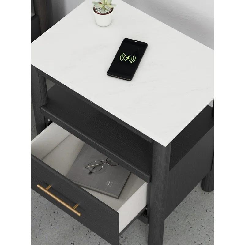 Black and White Marble Top Nightstand with Drawer