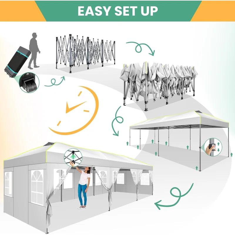 10'Wx30'D Pop Up Canopy, One Push Setup Glow Party Tent