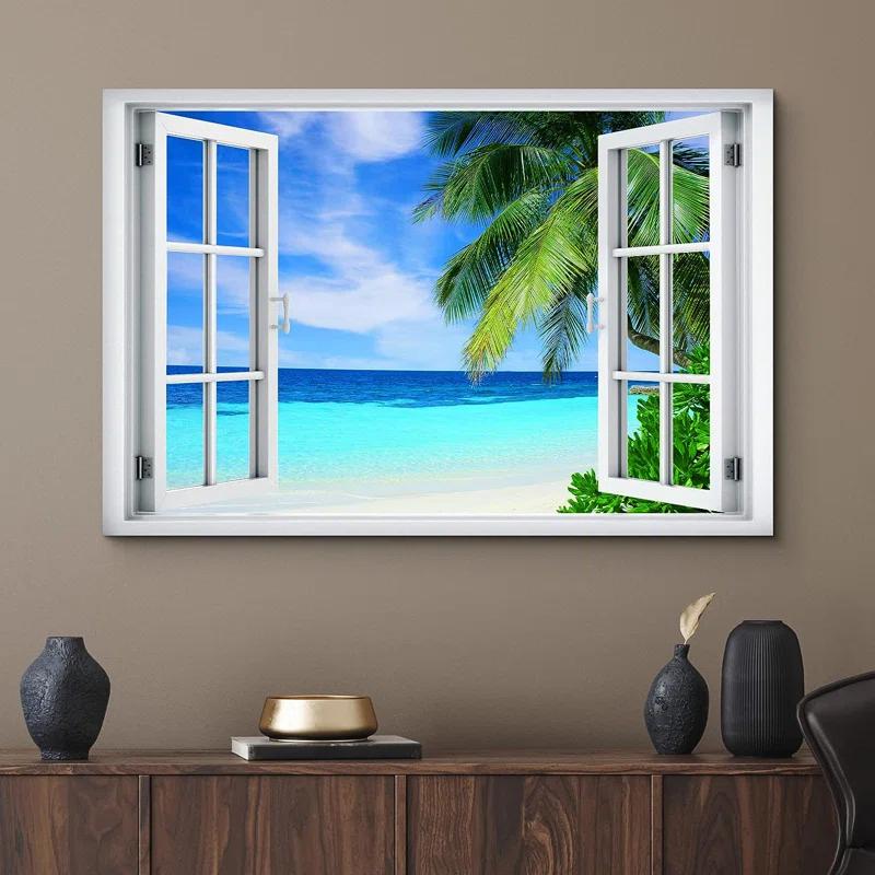 IDEA4WALL Window Scenery " Window View Teal Blue Beach Shore Tropical Island Wilderness Nature "