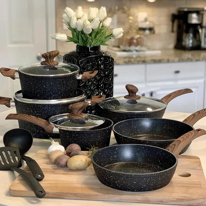 BN-LINKKL Kitchen Academy Induction Cookware Sets - 12 Piece Cooking Pan Set, Granite Black Nonstick Pots And Pans Set