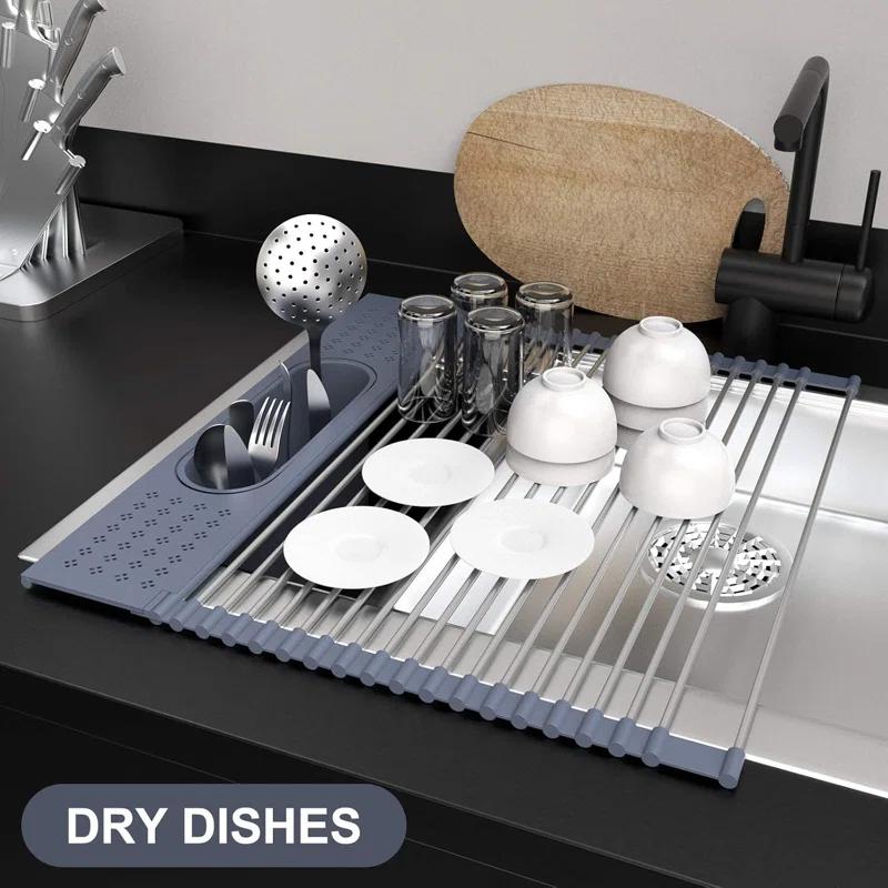 THE GLAMOUR BOUTIQUES Roll Up Dish Drying Rack 17.5" X 15.2" Over The Sink Dish Drying Rack, Multi-Purpose Kitchen Rolling Dish Drainer Foldable SUS 304 Stainless Steel Dish Drying Rack