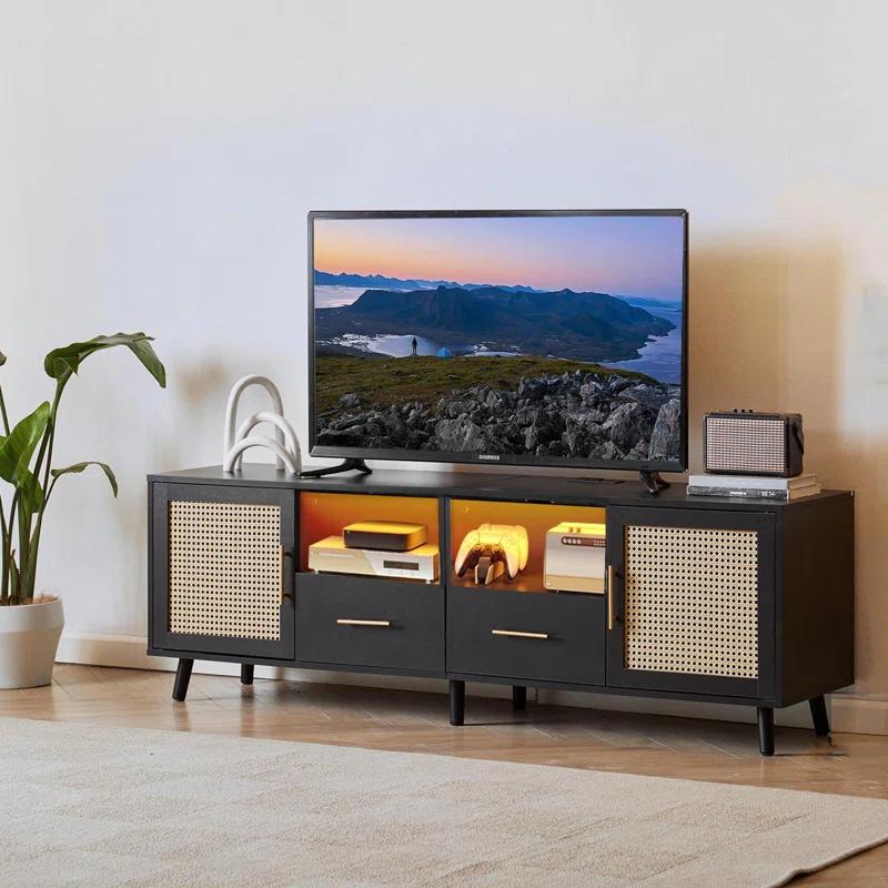 Bay Isle Home™ Heyer Large Wood Rattan TV Stand for TVs up to 75" with LED Light and Charging Station, Coastal Media Console Table, Multimedia Storage Furniture with 2 Drawers, Lighting TV Cabinet