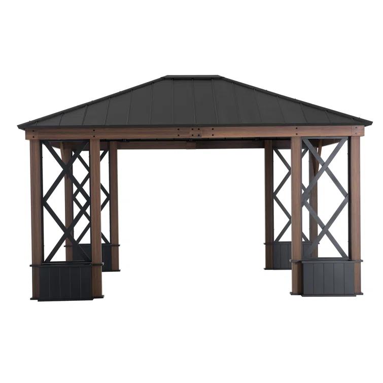 Sunjoy Sunjoy 13 ft. x 15 ft. Hardtop Gazebo, Outdoor Black Steel Roof Gazebo Aluminum Framed Gazebo with Planters and Ceiling Hook for Patio, Garden, and Backyard Activities