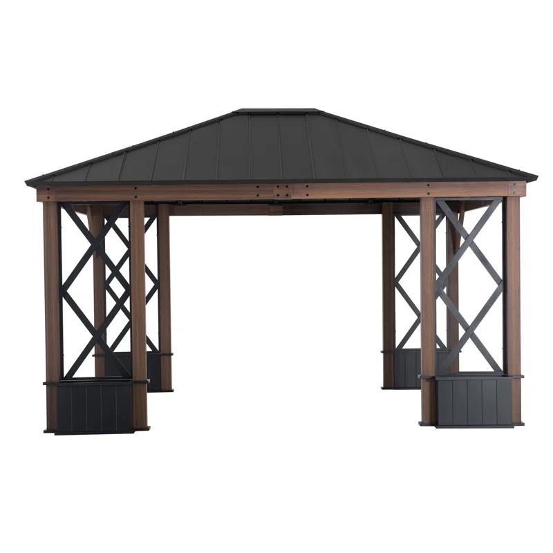 Sunjoy 13 ft. x 15 ft. Hardtop Gazebo, Outdoor Black Steel Roof Gazebo Aluminum Framed Gazebo with Planters and Ceiling Hook for Patio, Garden, and Backyard Activities