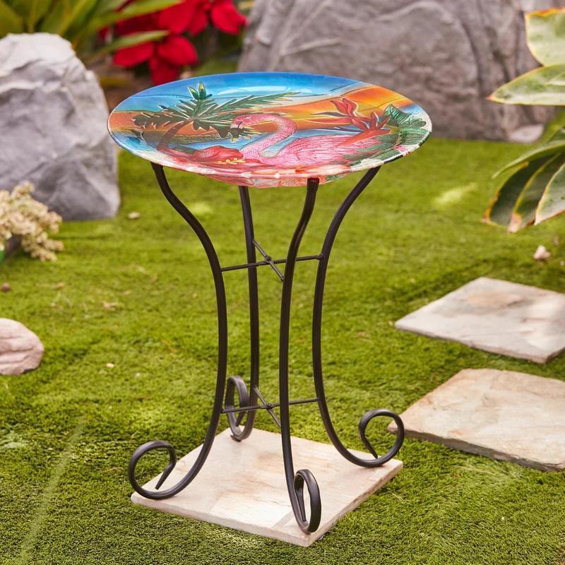 Flamingo Sunset Glass Bird Bath with Metal Stand