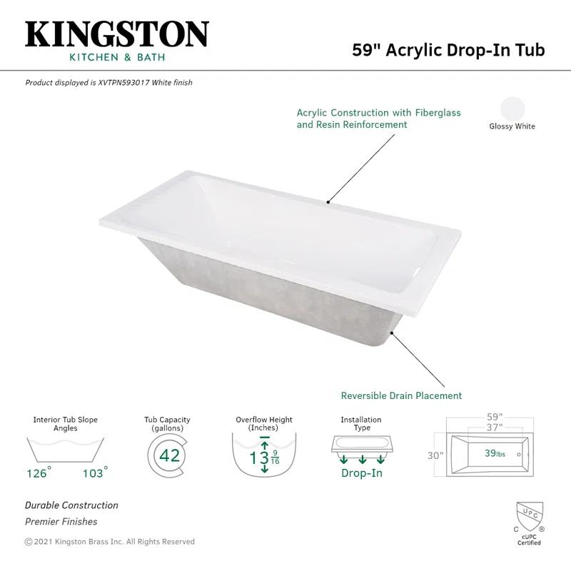 Kingston Brass XVTPN593017 Kingston Brass Aqua Eden 59-Inch Acrylic Rectangular Drop-In Tub with Drain