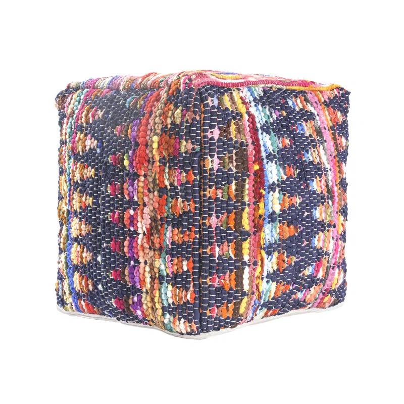 Evette Rios Dillon Denim Shabby Chic Hand-Loomed Cotton Blend Cube Ottoman Pouf