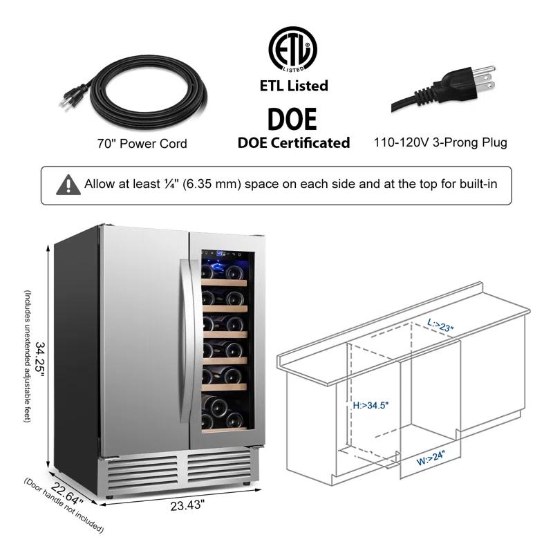 24 Inch Dual Zone 18 Bottle and 57 Can Wine & Beverage Refrigerator Built-in/Freestanding Cooler for Beer Wine Drink with Built-In Light Classic Series