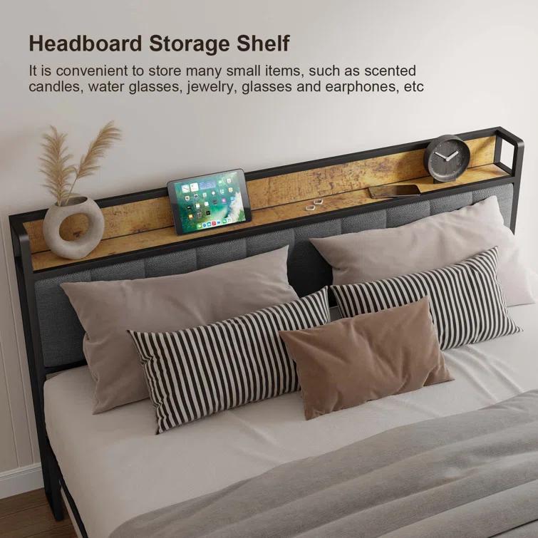 17 Stories Kewarra Platform, Metal Bed Frame with Storage Headboard, Sturdy and Stable