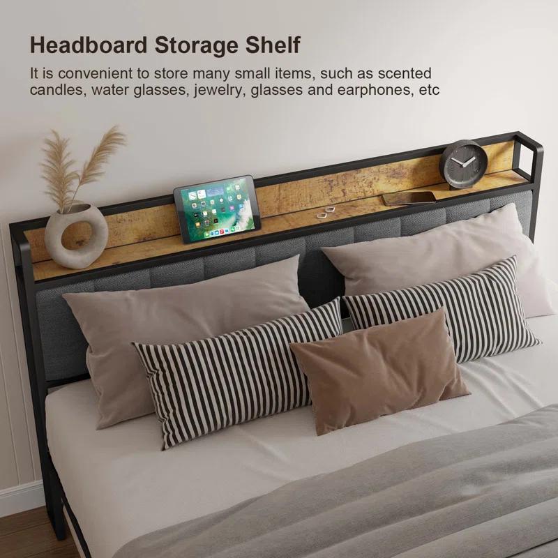 17 Stories Kewarra Platform, Metal Bed Frame with Storage Headboard, Sturdy and Stable