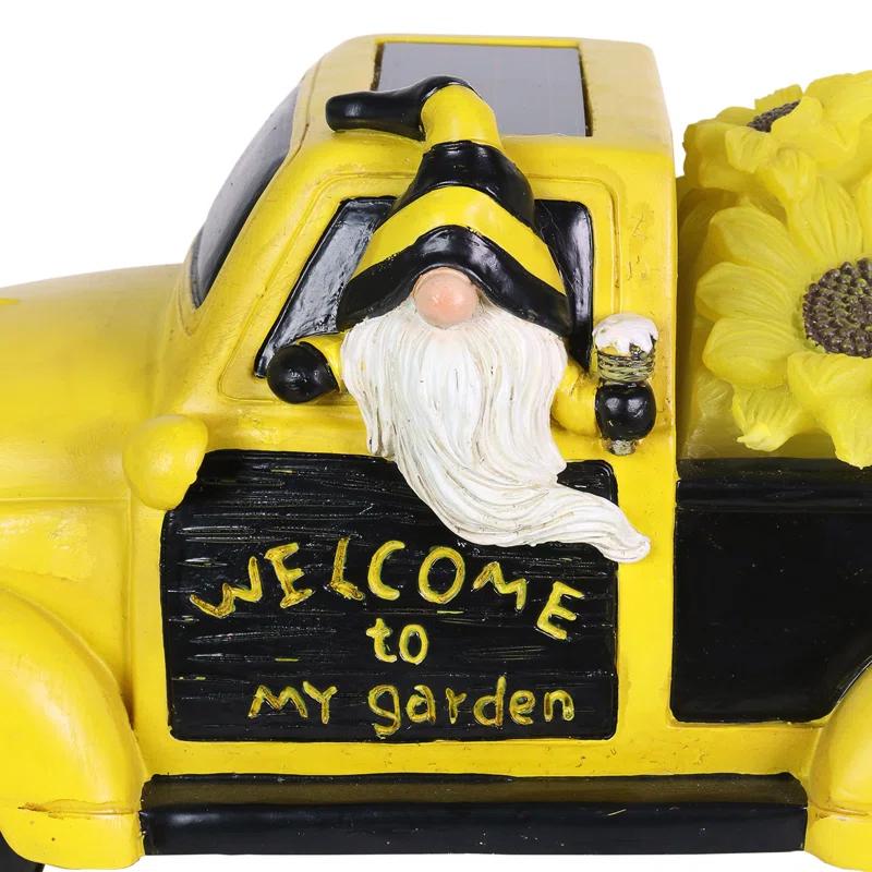 Exhart Exhart Solar Hand Painted Beekeeper Gnome in a Sunflower Truck Garden Statue, 11 by 5 Inches