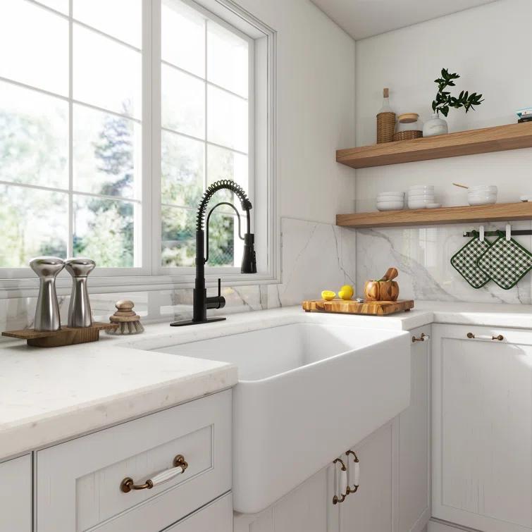 CASAINC CASAINC Single Bowl White Fireclay Farmhouse Kitchen Sink With Faucet Included KCSL0035-36W22M