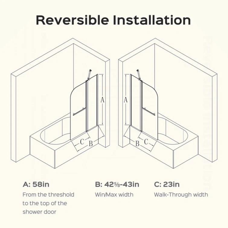 GZMWON 43 in. W * 58 in. H Frameless Folding Shower Doors 1/4" (6mm) Thick SGCC Tempered Glass Door Bathroom Pivot Tub Glass Door
