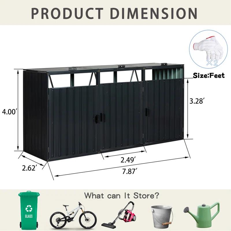 HLILish Garbage Bin Shed Stores 3 Trash Cans Metal Outdoor Bin Shed For Garbage Storage,Stainless Galvanized Steel, Bin Shed For Garden Yard Lawn