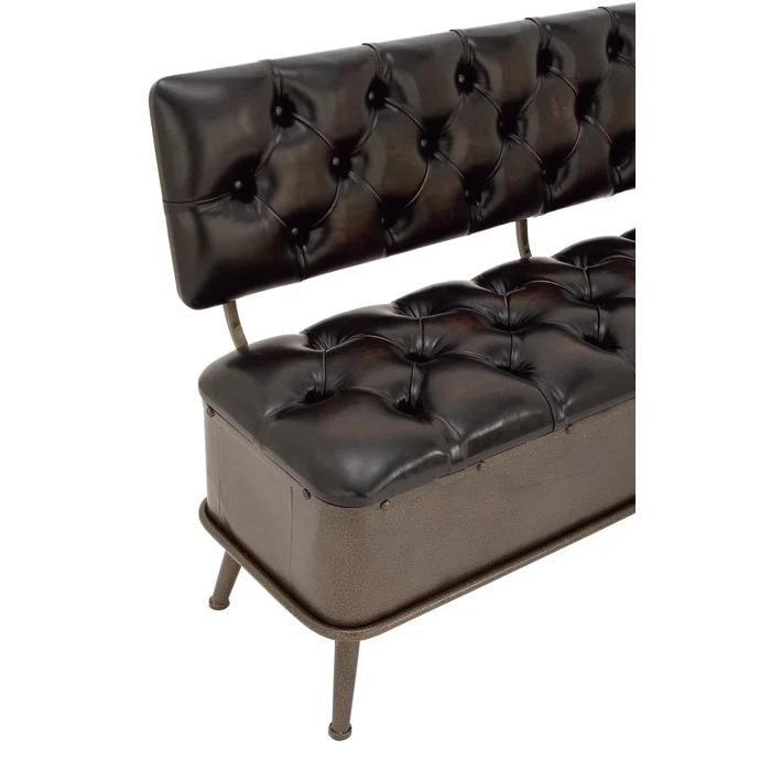Williston Forge Black Metal Room Storage Bench with Tufted Faux Leather, 54" x 19" x 31"