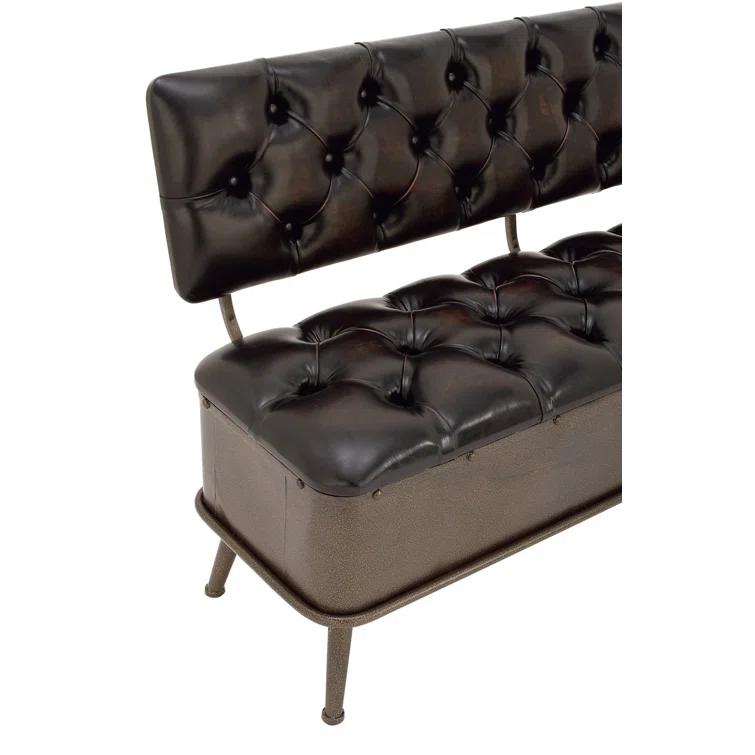 Williston Forge Black Metal Room Storage Bench with Tufted Faux Leather, 54" x 19" x 31"