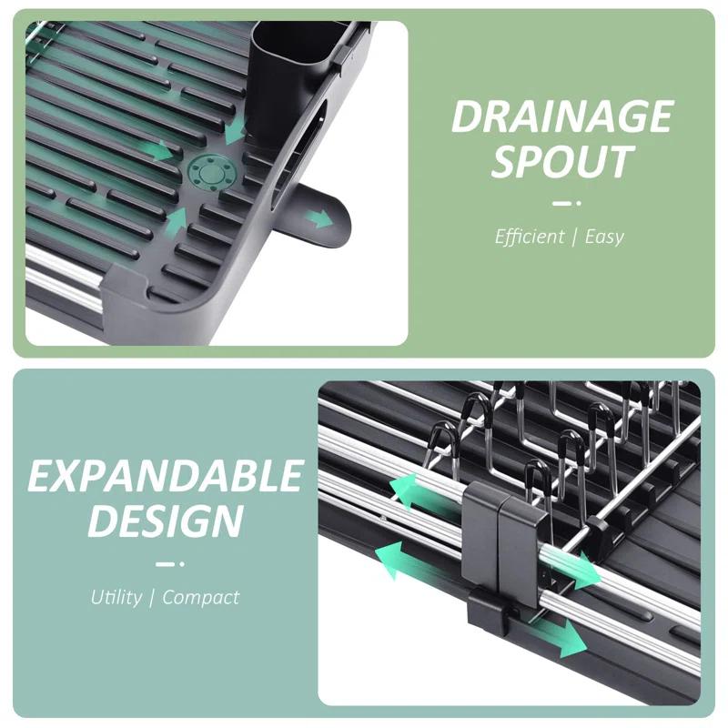 EDGAR'S FURNITURE MANUFACTURING INC Dish Drying Rack For Kitchen Counter, Extendable Dish Rack With Drainboard, Collapsible Dish Strainer With Cutlery Holder, Foldable Home Countertop Plate Storage Rack