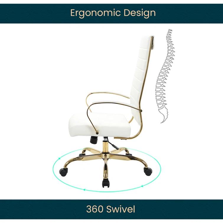 Everly Quinn Humairaa Leather Office Chair – Executive Task Chair with Swivel, Adjustable Height & Gold Base for Home Office or Conference Room