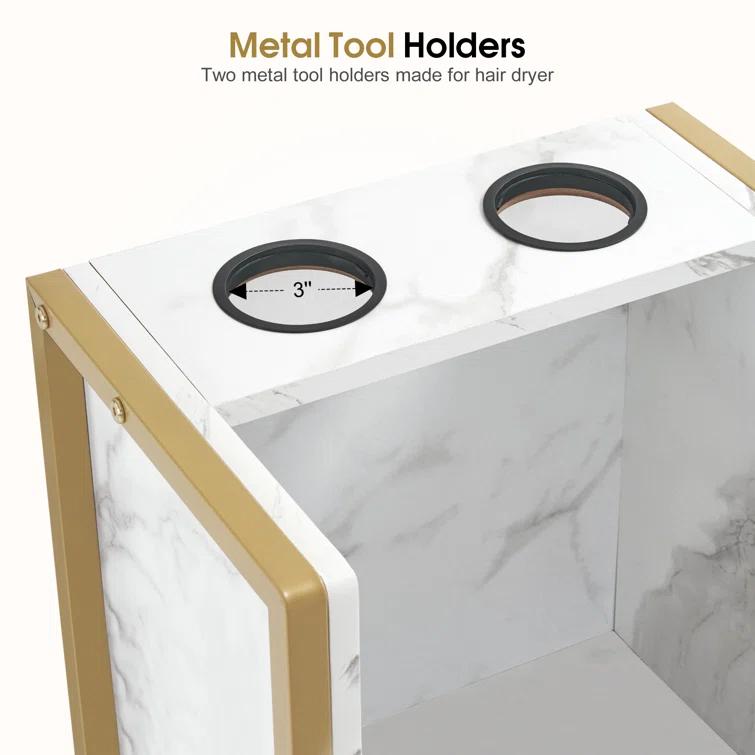 BarberPub Salon Utility Cart with Hair Dryer Holders and 3 Drawers, Lockable Wheels