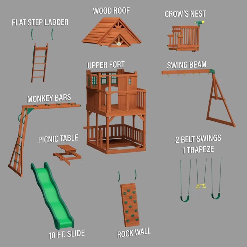 Backyard Discovery Backyard Discovery Skyfort II Cedar Wood Swing Set with Wave Slide, Clubhouse, Crow's Nest, and Monkey Bars