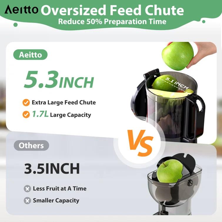Aeitto Aeitto 250W Masticating Juicer, Cold Press with 5.3" Feed Chute & 1.7L Capacity, Easy to Clean, High Juice Yield
