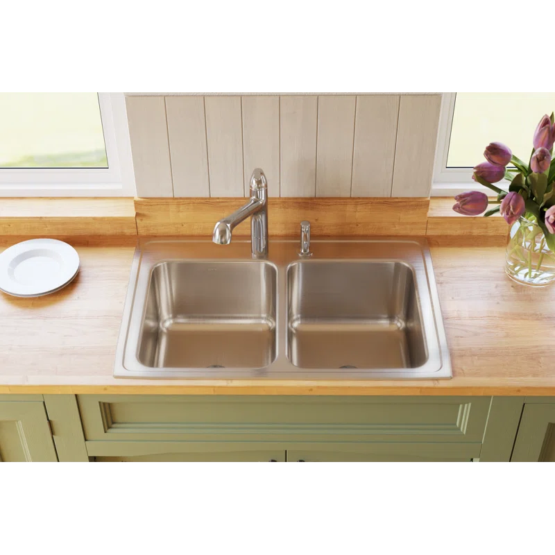 Elkay DLR332210PDMR2 Lustertone 33" L x 22" W Double Basin Drop-In Kitchen Sink with Drain Assembly