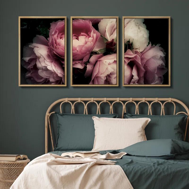 IDEA4WALL Flower Blossom " Pink Rose Peony Bouquet Floral Pictures Large Framed Canvas Print 3 Pieces Wall Art