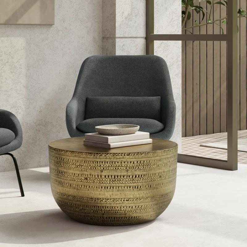 Simpli Home Johnsen 30"W Metal Boho Modern Round Coffee Table with Textured Detail, Assembled