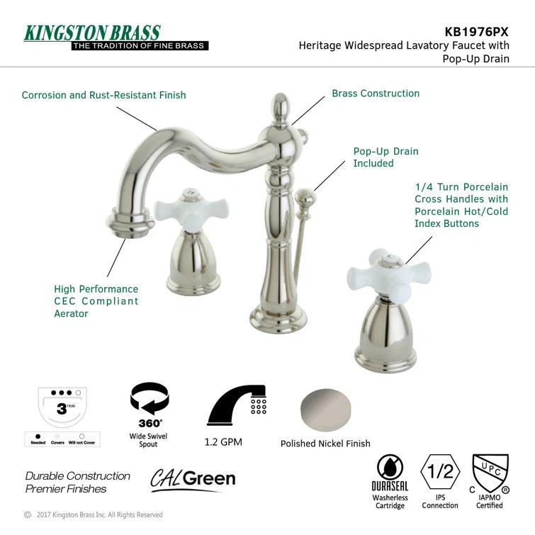 Kingston Brass Kingston Brass Heritage Two-Handle 3-Hole Deck Mount Widespread Bathroom Faucet with Pop-Up Drain KB1976PX