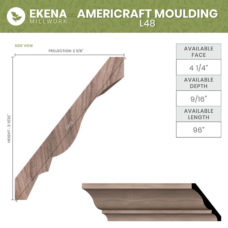 Ekena Millwork WM48 3 3/8"H x 2 5/8"P x 4 1/4"F x 96"L Americraft Solid Hardwood Stain Grade Crown Moulding