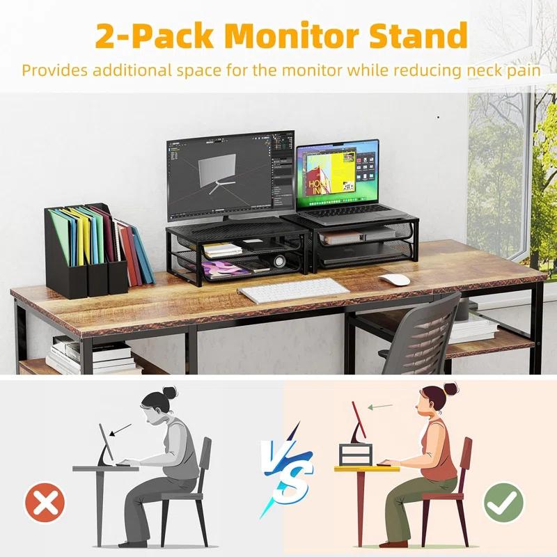 Inbox Zero 2 Pack 2-Tier Metal Monitor Stand Riser And Computer Desk Organizer With 2 Drawer For Laptop, Computer, Imac, Black
