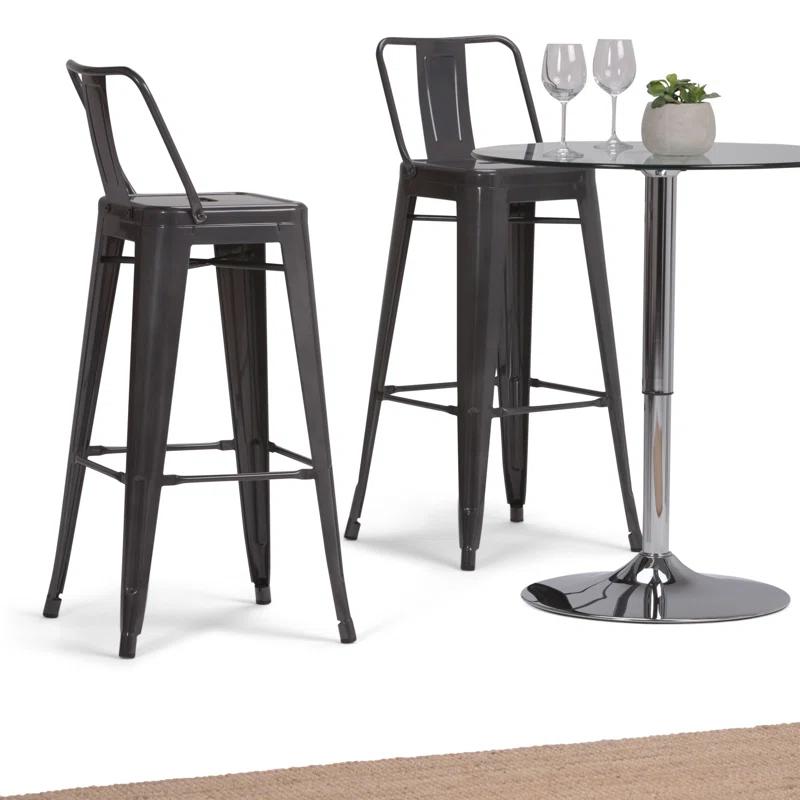 Simpli Home Rayne Metal Industrial Stool with Curved Back, Cross-Brace, and Footrest
