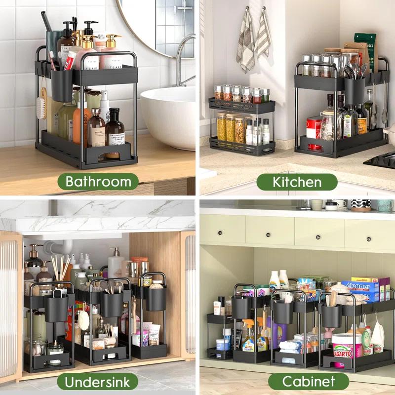 4 Pack Under Sink Organizer And Storage - Stackable 3 Size 2 Tier Bathroom Under The Sink Organizers Multi-Usage Kitchen Cabinet Organizers And Storage Sink Bath Shelf Baskets
