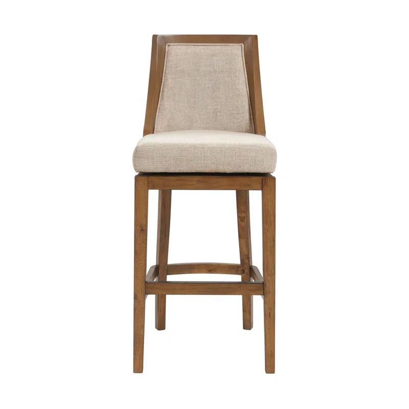 Alaterre Ellie Bar Height Stool, Back, Swivel Seat, Brown, Upholstered Padded Seat, Rubberwood Frame, Steel Memory Return Mechanism, Dimensions 19 in. W x 22 in. D x 46 in. H, Footrest, Metal Kick Plate