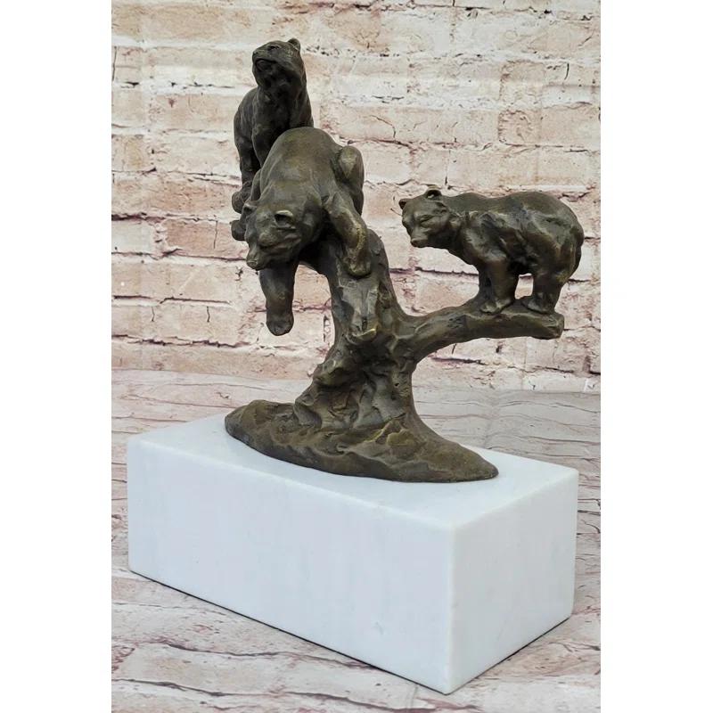 Loon Peak® Jordany Green Patina Bear Family On A Tree Stump Bronze Sculpture Statue Figurine