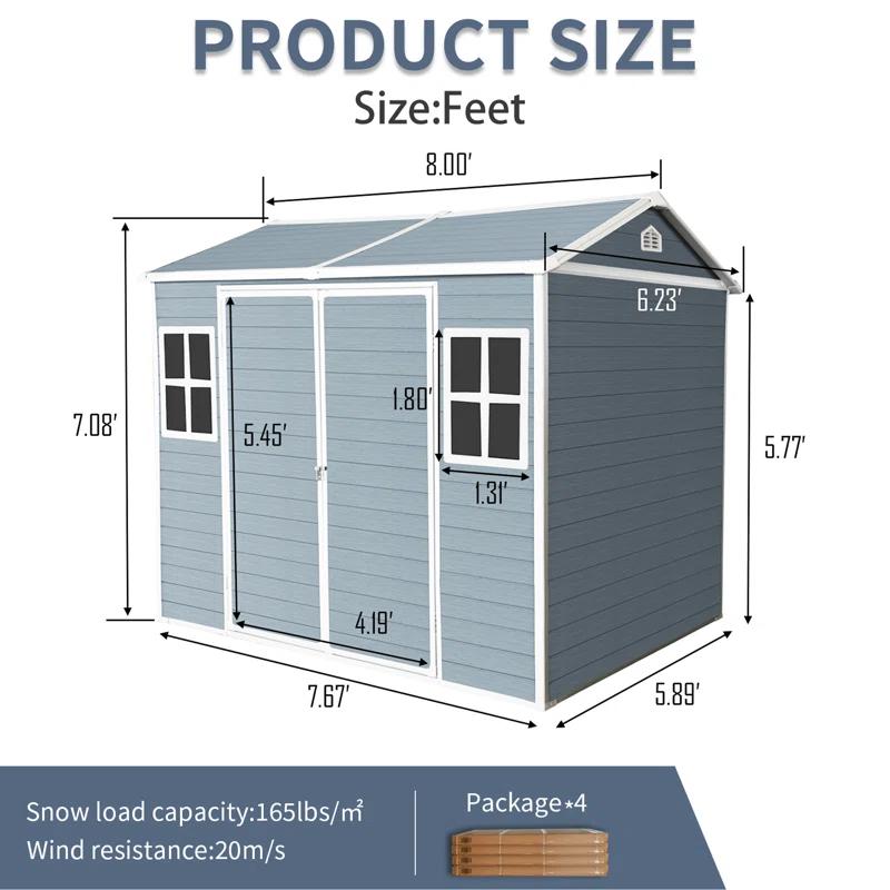 Tryimagine 8 X 6 Ft Resin Outdoor Storage Shed Waterproof Shed With Floor & Two Windows & Lockable Door, Tool Shed For Garden, Patio, Backyard