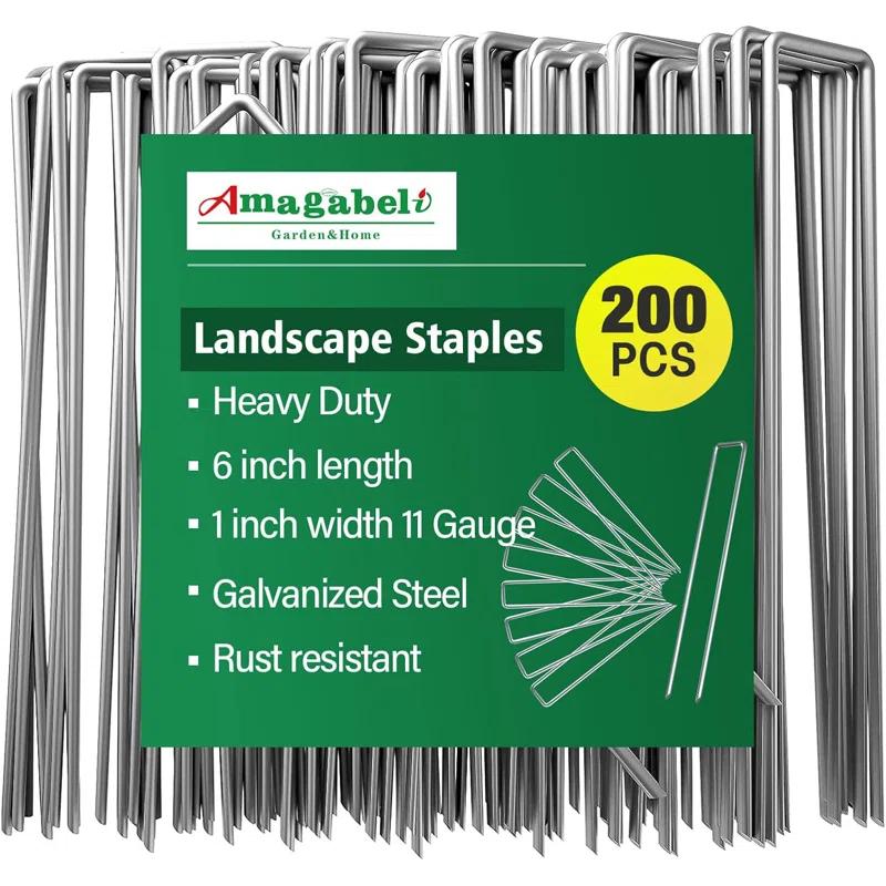 Amagabeli 200 Pack 6 Inch Galvanized Staple 11 Gauge Garden Stakes Sod Pins Anti-Rust for Weed Barrier Cover