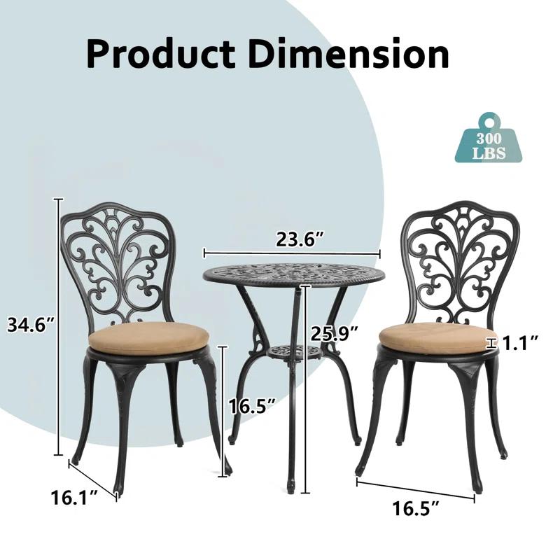 Astoria Grand 3 Piece Outdoor Patio Set Butterfly Pattern Cast Aluminum Bistro Table and Chairs Set of 2 with Cushion Black