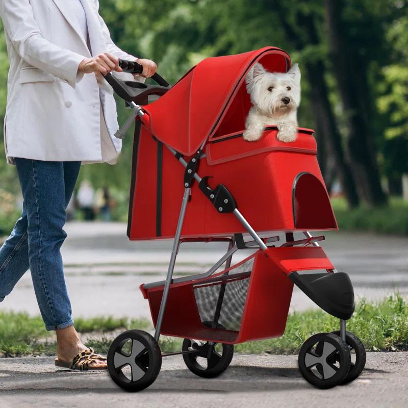 MoNiBloom 3 Wheel Folding Pet Stroller, Foldable Dog Jogger Stroller with Storage Basket, Cup Holder & Canopy