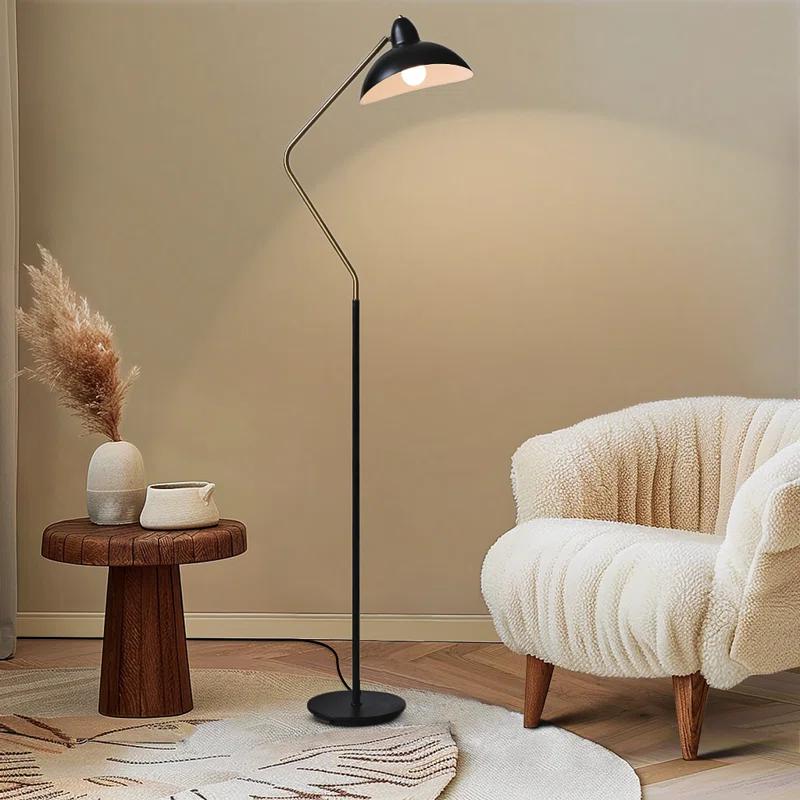 Brightech Swoop 69 in. Mid Century Modern Adjustable Curved Black Standing Lamp with Metal Bowl Shade and Gold Finish - LED Bulb Included