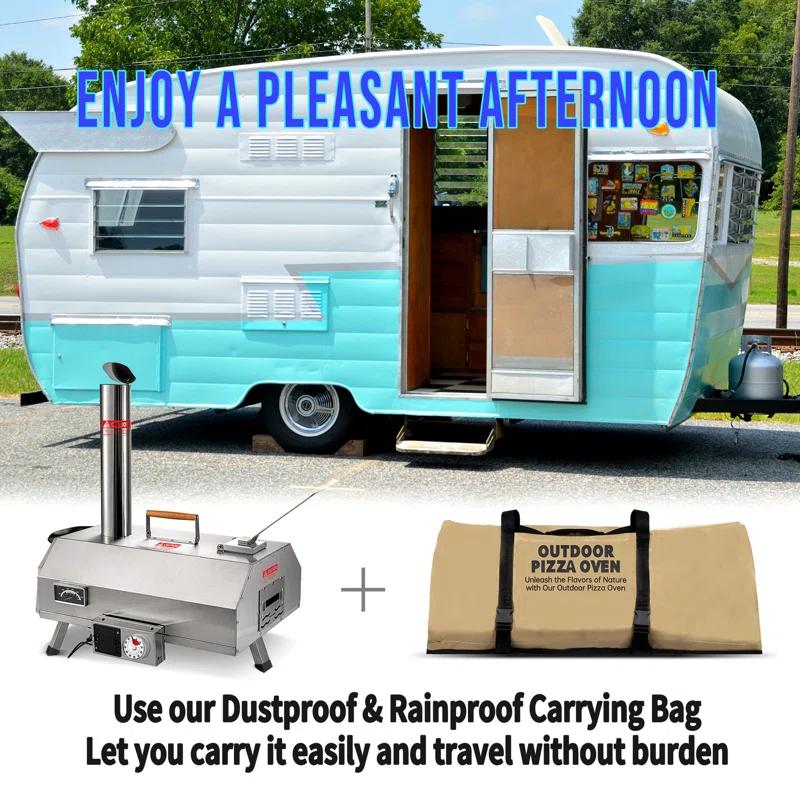 CRS APPLIANCES, Stainless Steel Pizza Oven Outdoor 12" Automatic Rotatable Pizza Ovens,Portable Wood Fired Pizza Oven Pizza Maker with Timer, Built-in Thermometer,Pizza Cutter & Carry Bag