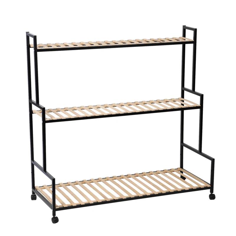 17 Stories Rustic Plant Stand with Wheels,Metal Plant Rack with Solid Wood,3 Tier Ladder Plant Flower Shelf