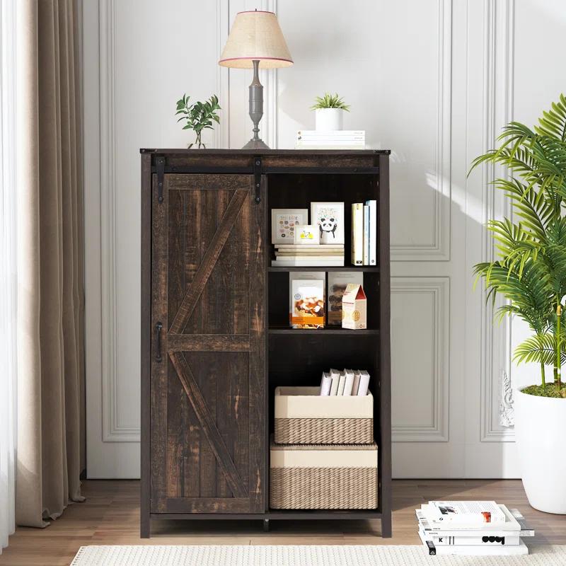 Gracie Oaks 5 Drawers Dresser With Cabinet, 48" Tall Chest, Wooden Closet Dresser With Sliding Barn Door For Living Room, Hallway