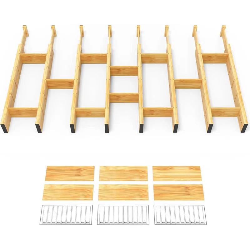 SpaceAid Bamboo Drawer Dividers with Inserts and Labels – Adjustable Kitchen Drawer Organizers, Expandable Storage for Home, Office, Dressers, and Bathroom, 8 Dividers with 18 Inserts (17-22 inches)