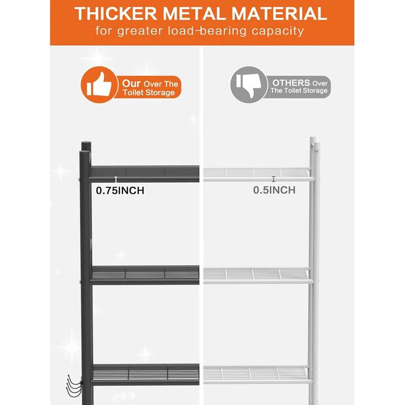 3-Tier Over The Toilet Storage, Space Saver Metal Bathroom Shelves, Freestanding Above Over Toilet Storage Shelf With 4 Hooks For Bathroom, Black