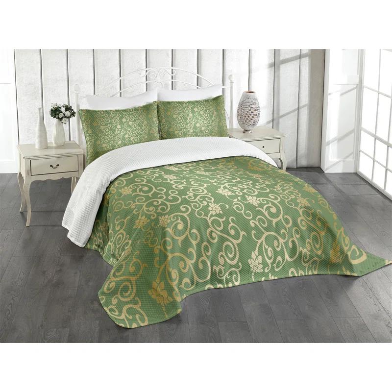 Ambesonne Green and Yellow Bedspread Set 3 Pcs Floral Curls Queen Green Yellow